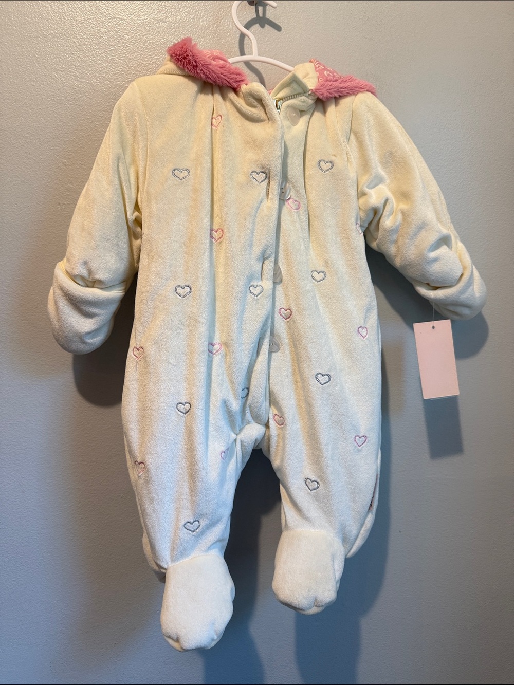 Juicy Couture 6-9 Months Baby Cream Fleece Footed One-Piece Pink Hood Snowsuit